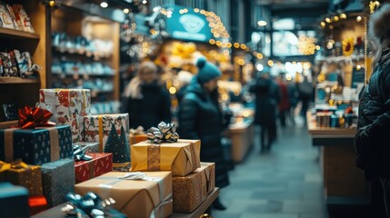 A bustling holiday gift shop with neatly arranged presents and festive wrapping paper