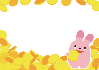 コインを持ったウサギとコインのフレーム_表情あり_全身