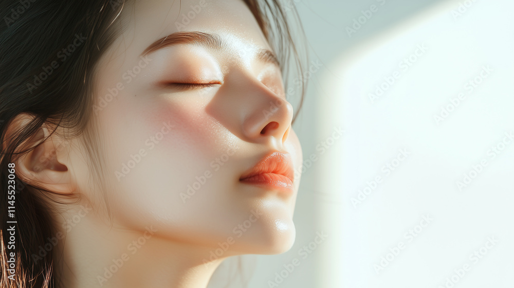 Aufkleber 若くてかわいいアジア人女性モデルの横顔に日差しが当たって輝いている。美肌にフォーカスした美容ポートレート。