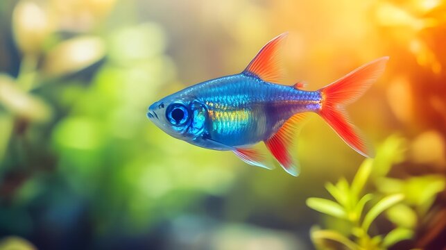 A Vivid Blue Cardinal Tetra Swims In An Aquarium