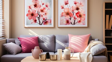 Two frame mockup, Home interior background, Room in beige pastel colors 