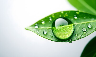 Dewdrop on vibrant green leaf.