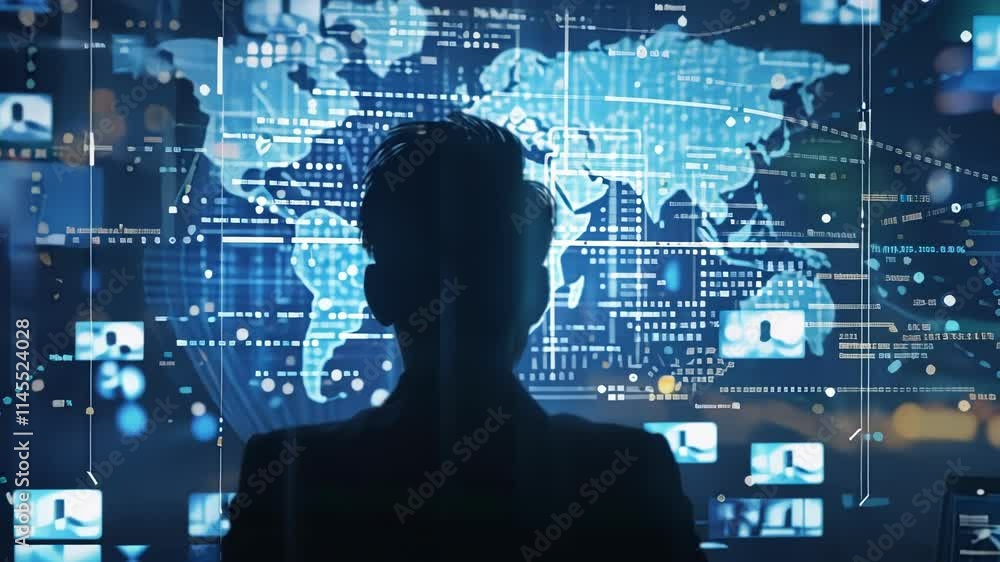 Poster businessman sitting at desk and using futuristic interface with global data and communication, repre