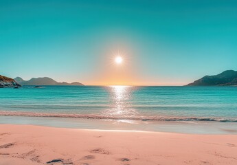 Fototapeta premium Tranquil Beach Sunset with Vibrant Colors and Serene Waters Reflecting the Bright Sunlight Over a Calm Horizon in a Tropical Paradise