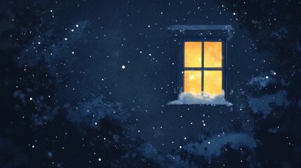 A cozy cabin window glowing warmly as snow falls outside under a starry sky