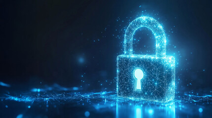 Digital padlock hologram glowing in a cyber environment for data security visualization