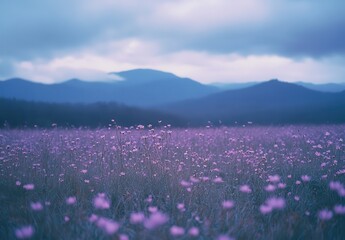 Tranquil Landscape of Blooming Pink Wildflowers Under Soft Blue Skies and Misty Mountains: A Serene Natural Setting for Peaceful Reflection