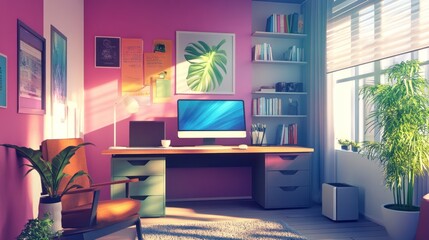 Sunlit Workspace: A Modern and Serene Home Office Design