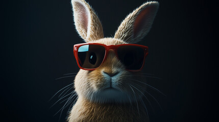 Rabbit wearing trendy sunglasses on a dark background, evoking humor and charm