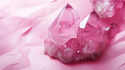 Close-up of a pink crystal on pink paper creating an abstract background with ample copy space image. .