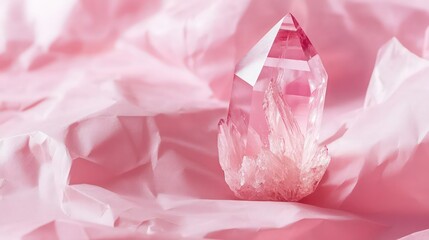 Close-up of a pink crystal on pink paper creating an abstract background with ample copy space image. .