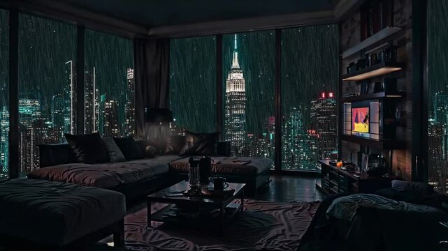 living room in the hotel glass city view rainfall ambiance