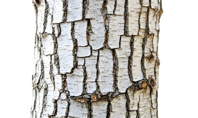 Close-up of white tree bark texture isolated on white background.