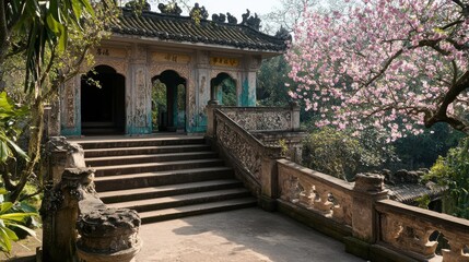 Serene Ancient Temple Surrounded by Cherry Blossom Trees and Lush Greenery in a Tranquil Natural Setting