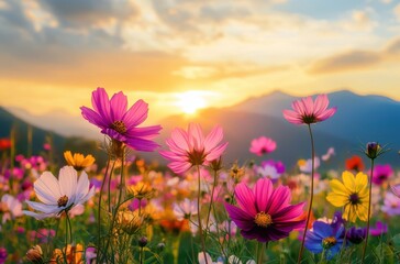 Fototapeta premium Vibrant Flower Field at Sunset with Colorful Blooms and Mountains in the Background Under a Cloudy Sky, Capturing Nature's Beauty and Serenity