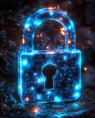 glowing digital padlock with neon lights, symbolizing security and technology