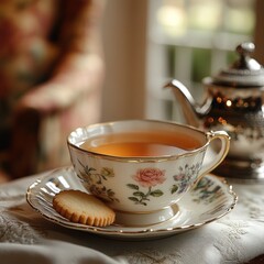 A floral teacup filled with tea and a cookie sits on a saucer next to a teapot.