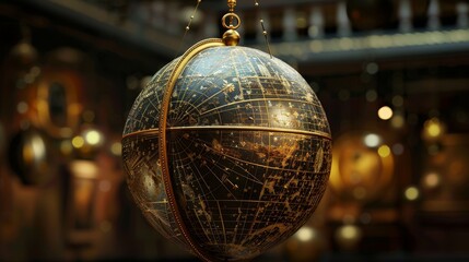 A vintage celestial globe hangs from the ceiling in a museum setting.