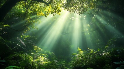 The interplay of sunlight and shadows through the vibrant green forest canopy, creating a dynamic natural scene 
