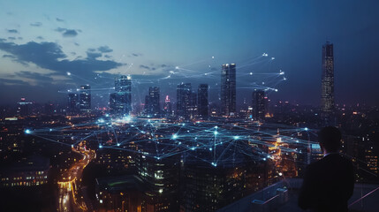 Obraz premium Smart digital city with connection cyber security network reciprocity over the cityscape . future smart wireless digital city and social media networking systems that connects people within the city
