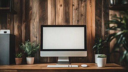 Rustic Home Office Setup with Blank Computer Screen