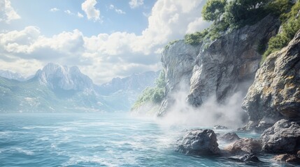 Rugged Coastal Cliff with Rocks and Misty Ocean View