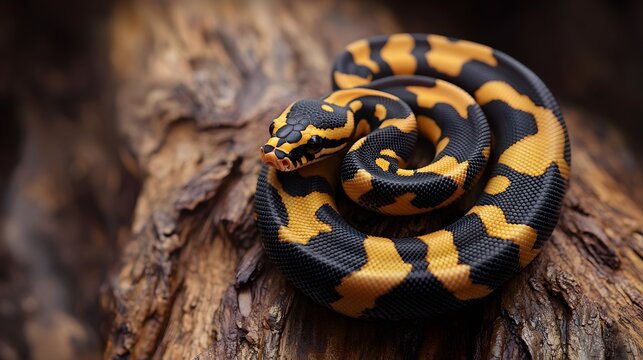 Black and Yellow Python Coiled on Wood