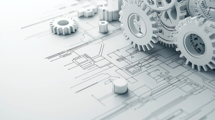 Abstract composition of tech circuits and cogwheels on blueprint background, showcasing intricate details and mechanical design. This evokes sense of innovation and engineering