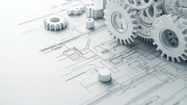 Abstract composition of tech circuits and cogwheels on blueprint background, showcasing intricate details and mechanical design. This evokes sense of innovation and engineering