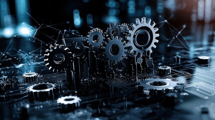 Abstract tech inspired composition featuring metallic gears on circuit board, symbolizing innovation and technology. intricate design showcases blend of machinery and digital elements