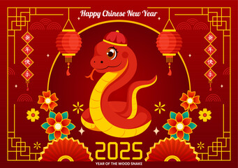 Happy Chinese New Year 2025 Vector Illustration. Translation: Year of the Wood Snake, featuring Snakes, and Traditional Chinese Elements in Background