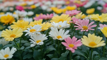 Fototapeta premium Colorful Daisy Field with Vibrant Yellow and Pink Blossoms