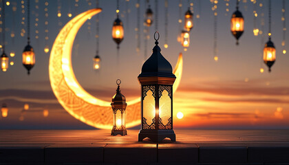 Arabic Ramadan lantern illuminating against crescent moon decoration at sunset