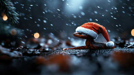 joyful snake wearing Santa hat in snowy winter scene, surrounded by blurred lights and fallen leaves, creating festive atmosphere
