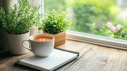 Tea and plants on a wooden windowsill, concept of mindfulness