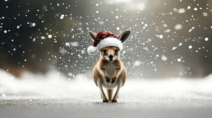 cute kangaroo wearing Santa hat runs through falling snow, creating festive and joyful atmosphere. This lively scene captures spirit of holiday season