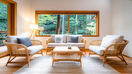 bamboo eco-friendly furniture Concept. Cozy living room with bamboo furniture and natural light