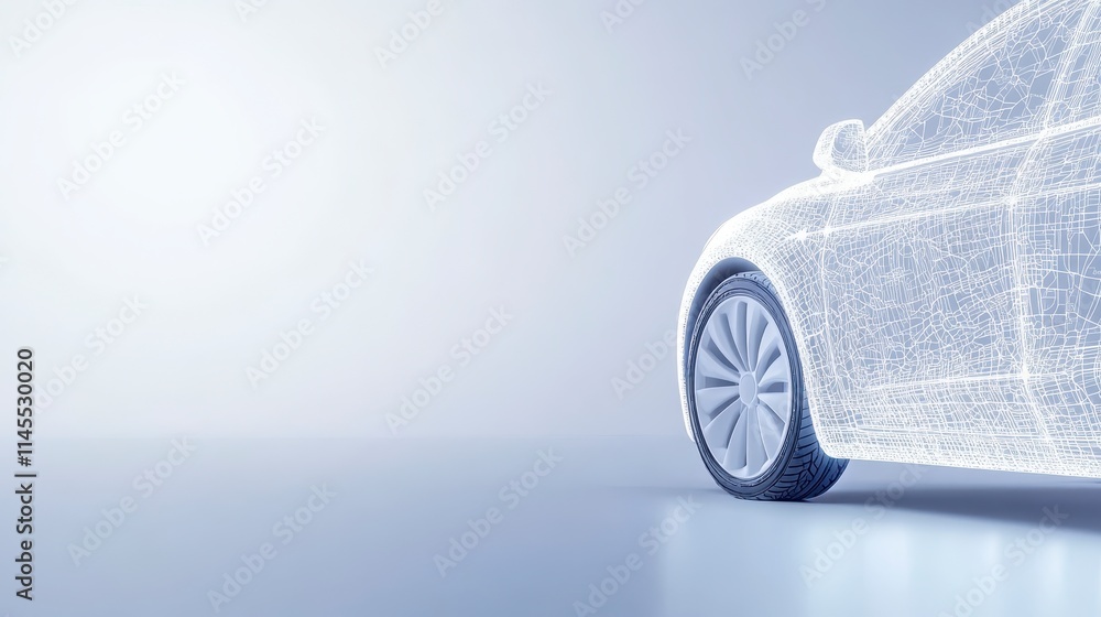 Poster a futuristic car design rendered in a wireframe style, set against a soft gradient background.