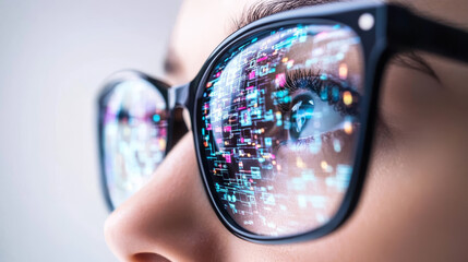 Close up of woman face with eyeglasses reflecting digital data, showcasing technology and innovation. vibrant colors and intricate patterns create captivating visual