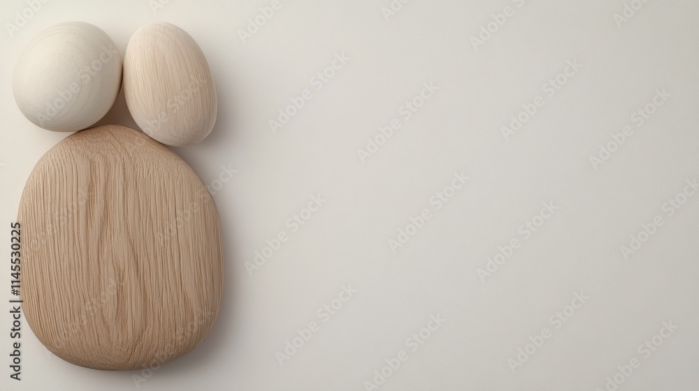 Poster a minimalist composition featuring a wooden shape and two eggs, emphasizing simplicity and balance a
