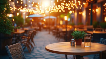 Charming outdoor cafe scene with warm lights stringing above tables, inviting atmosphere for relaxation and socialization during evening hours
