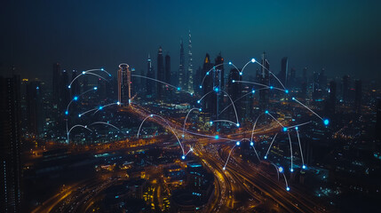 Fototapeta premium Smart digital city with connection cyber security network reciprocity over the cityscape . future smart wireless digital city and social media networking systems that connects people within the city