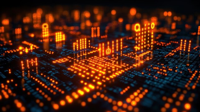 Abstract digital landscape with glowing circuits.