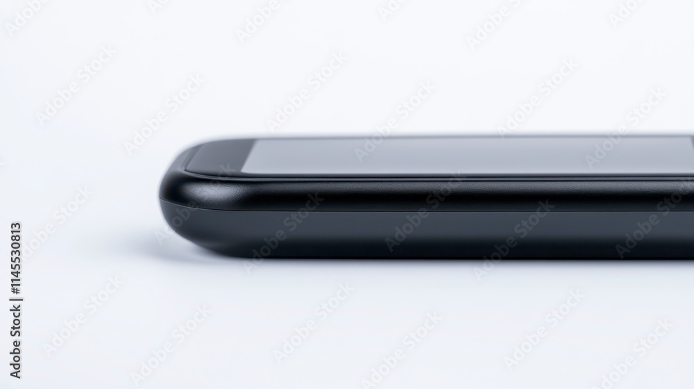 Poster a sleek black smartphone with a modern design, showcasing its edge and screen in a minimalistic sett