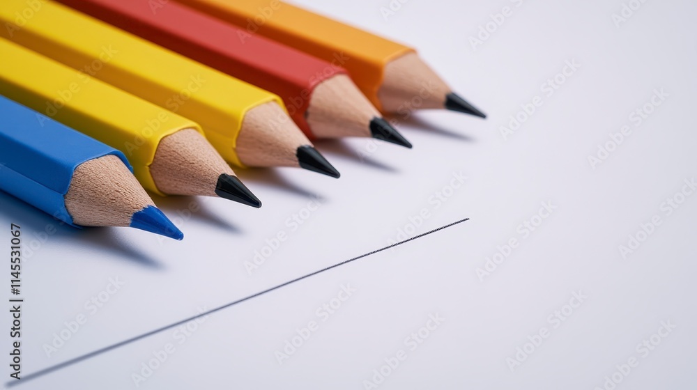 Poster a close-up of vibrant colored pencils arranged neatly, with sharpened tips, ready to create drawings