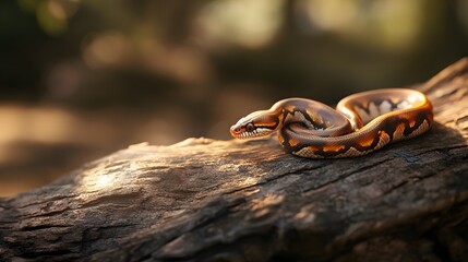 Fototapeta premium A Ball Python Resting On A Sunlit Log
