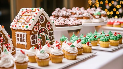 A festive holiday dessert table featuring gingerbread houses and colorful cupcakes