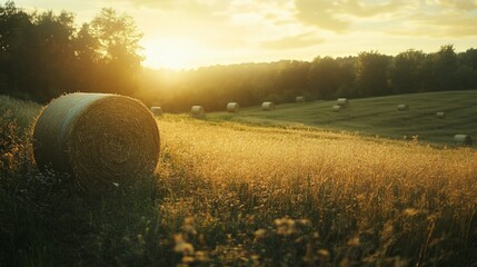 Serene Countryside Field at Sunset with Golden Hay Bales