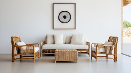 bamboo eco-friendly furniture Concept. Modern living space with bamboo furniture and neutral tones