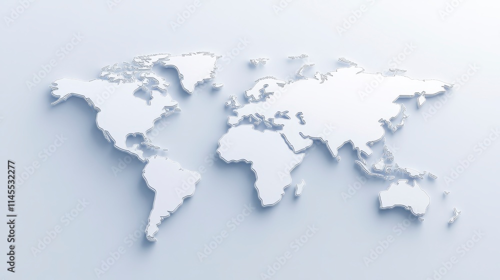 Poster a minimalist 3d representation of a world map, showcasing continents in a clean, white design agains